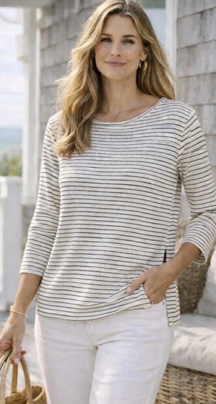 J Jill Wearever Tunic Top Stripe Long Sleeve Side Slit LARGE Rayon Lycra